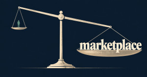 Balance déséquilibrée : d'un côté une silhouette humaine, de l'autre le mot « marketplace ». Illustration de la menace algorithmique pour les vendeurs.